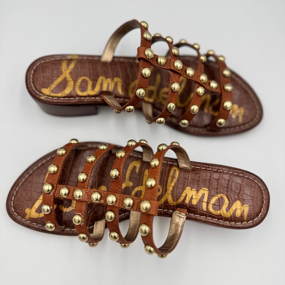 Sam Edelman Juniper Studded Gladiator Slide Sandal Brown Leather Gold 8.5 38.5 - Picture 5 of 15